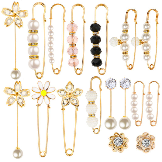 COMNICO 17 PCS Brooches Pins, Waistband Waist Pant Tightener Safety Pins Fixed Clothing Sweater Shawl Clips Pearl Pins Cardigan Anti Safety Brooch for Women Clothing Dresses Decoration Accessories