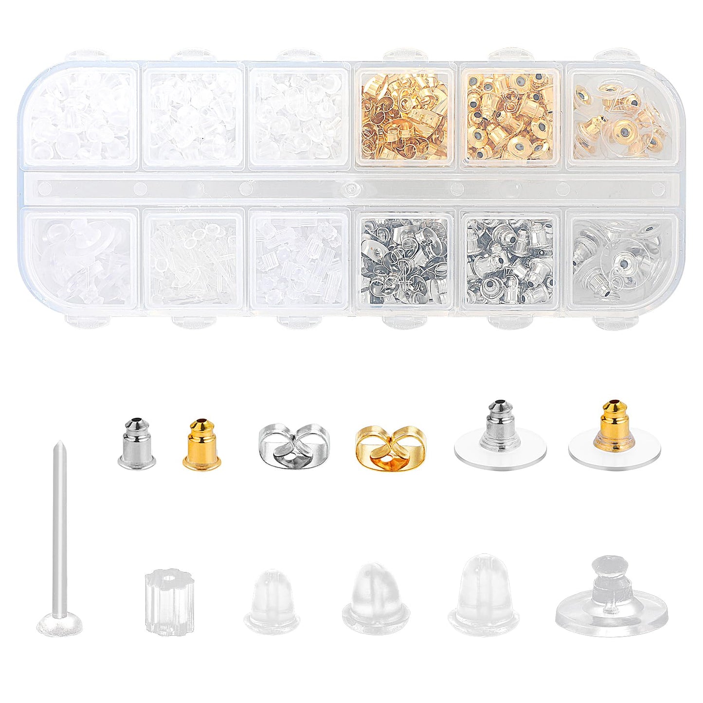 600 Pcs Earring Backings Earring Safety Backstop Pads Metal Earring Backs Clear Silicone Earring Backstop Stopper 12 Styles Clutch Stoppers Replacement Kits for Earring Studs Hoops