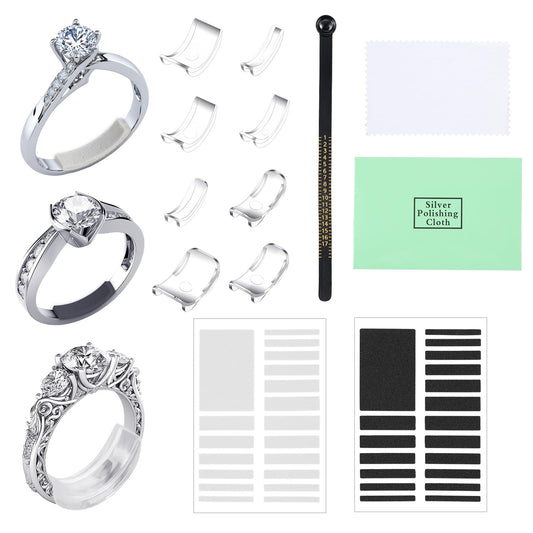 Dimeho 8 Pcs Ring Size Adjuster for Loose Rings Transparent Invisible Ring Adapter Kit with Silverware Polishing Cloth Measuring Ruler Ring Spacer Tightener Fits for Women Men Any Thin Wide Rings
