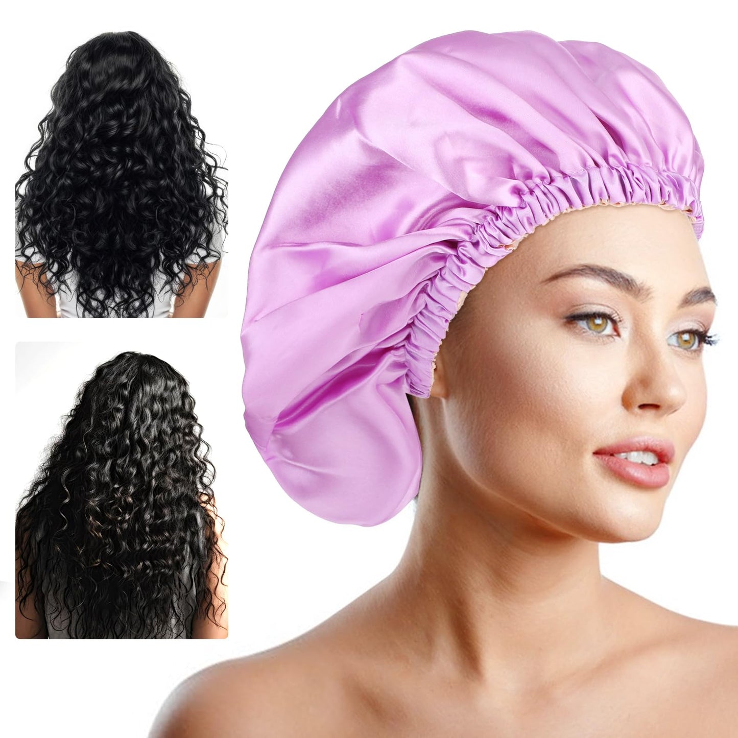 Shower Cap,Extra Adjustable Shower Caps for Women Double-Layer Waterproof Reusable Satin Lining Shower Bonnet for Women, Large Size Hair Cap for All Hair,for Girls Spa Bath,Soft and Comfortable
