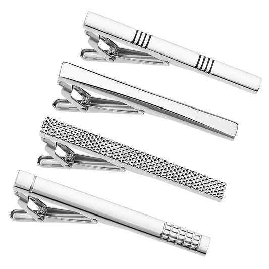 COMNICO 4 Pcs Tie Bar Clip for Men Silver Personalized 2.3 Inch Tie Clips Set Tie Tack Pins Business Suit Accessories Men for Wedding Boyfriend Gift Father's Day Valentine's Day