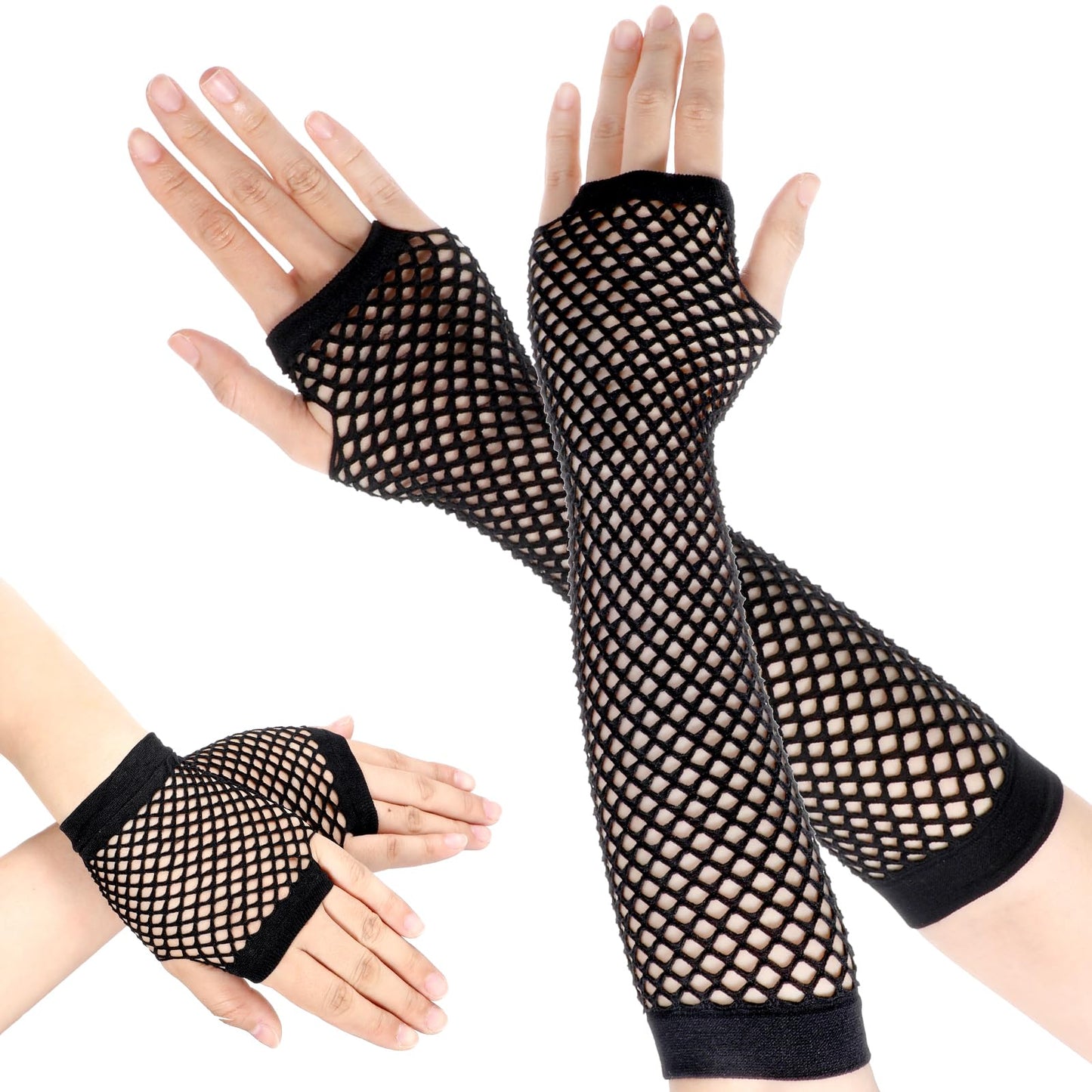 COMNICO 2 Pairs Women Fishnet Gloves 80s Fingerless Stretch Nylon Mesh Gloves Retro Punk Emo Goth Fish Net Mittens for Christmas Halloween Theme Party Scene Costume Accessories, Black