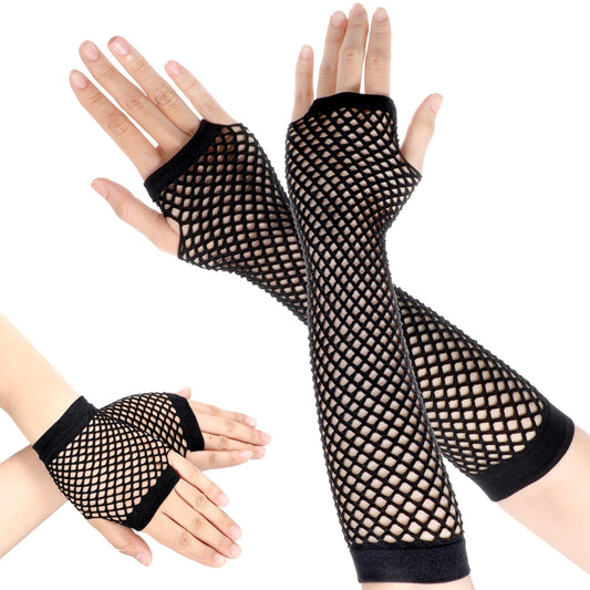 COMNICO 2 Pairs Women Fishnet Gloves 80s Fingerless Stretch Nylon Mesh Gloves Retro Punk Emo Goth Fish Net Mittens for Christmas Halloween Theme Party Scene Costume Accessories, Black