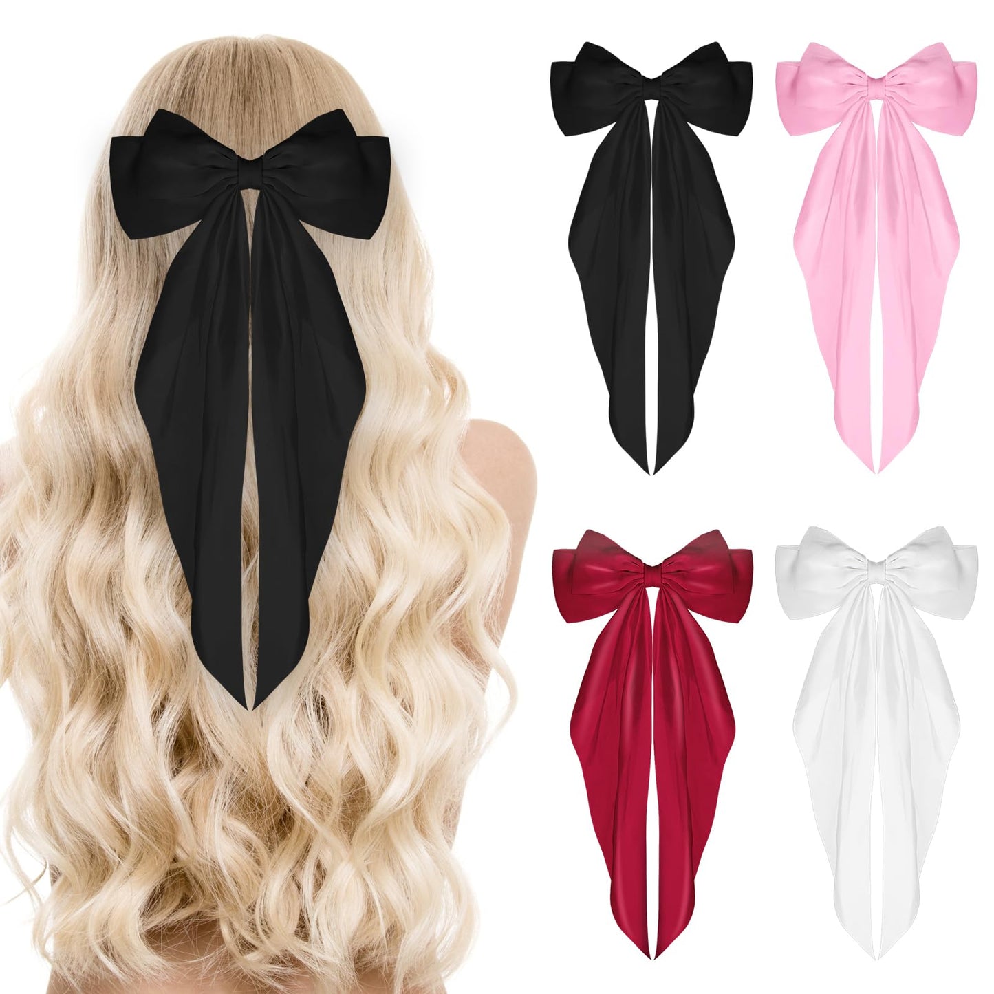 Sibba 4Pcs Satin Hair Barrette Big Bow Clips Soft Silky French Bowknot with Long Tail 90's Vintage Hairpin for Ponytail Bun Scrunchie Women Girls Dress Up Accessories Cute Gifts (Black White Red Pink)