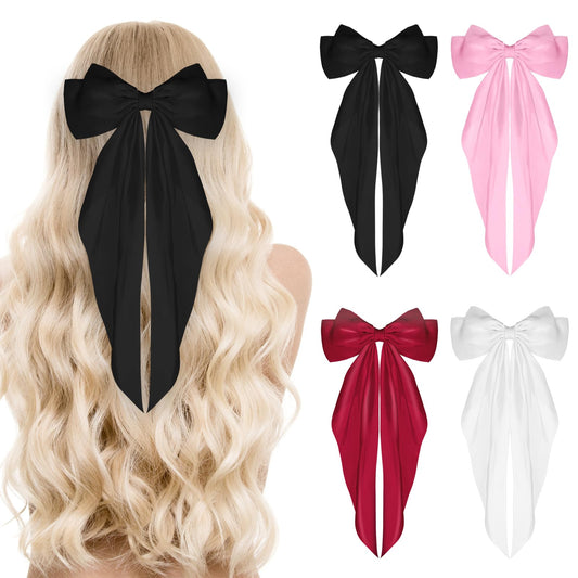 Sibba 4Pcs Satin Hair Barrette Big Bow Clips Soft Silky French Bowknot with Long Tail 90's Vintage Hairpin for Ponytail Bun Scrunchie Women Girls Dress Up Accessories Cute Gifts (Black White Red Pink)