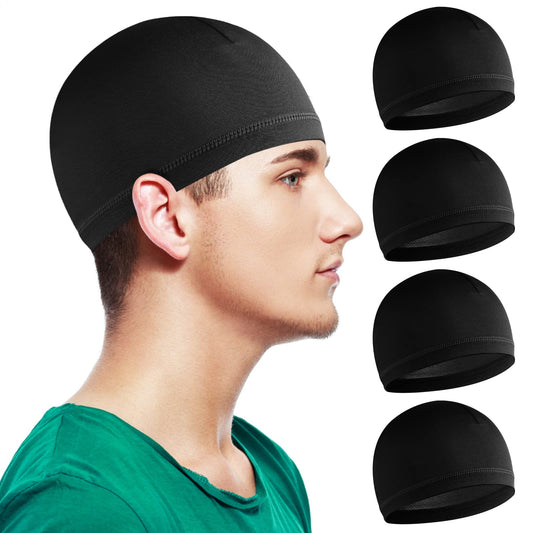 WLLHYF 4 Pieces Skull Caps for Men, Soft Beanie Wave Cap Sleep Hats Elastic Multifunctional Headwear Sleep Caps Wicking Cycling Running Hat Black One Size