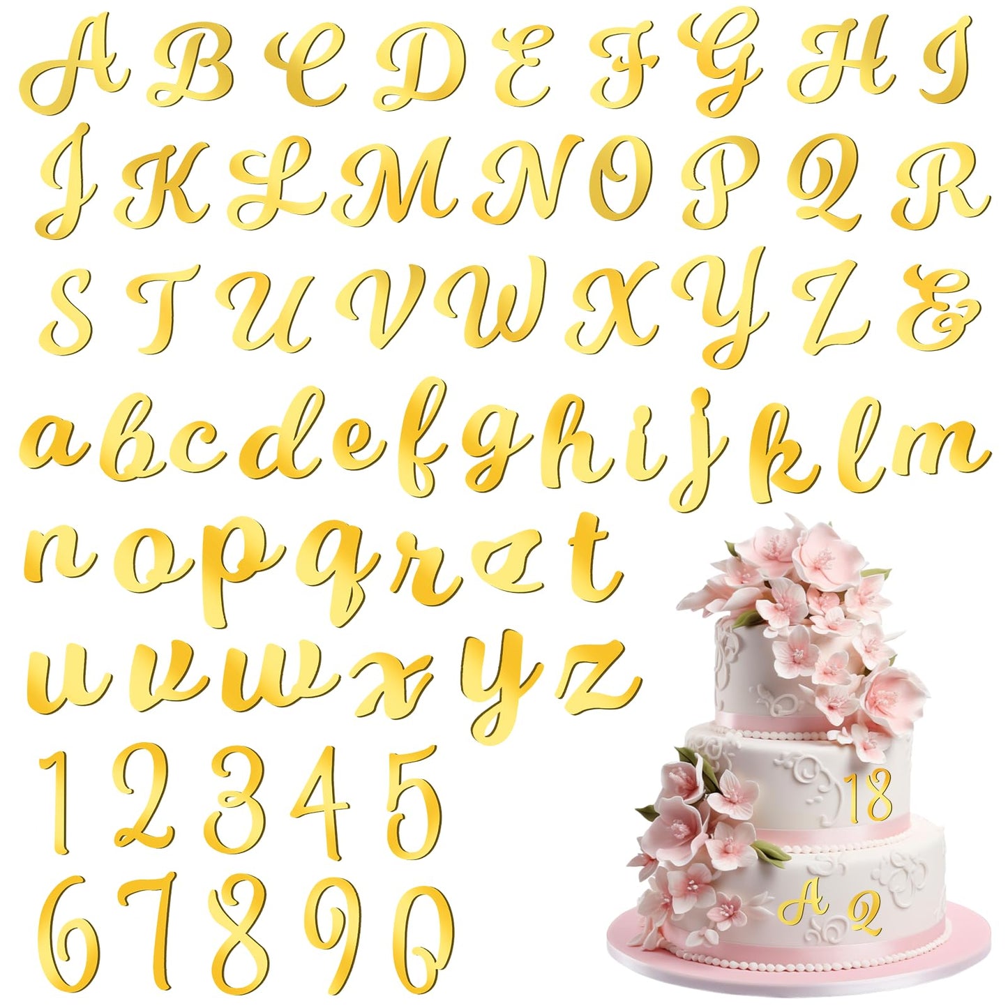 Sibba Cake Alphabet Numbers Topper 64 Pcs DIY Personalized Name Cake Picks Acrylic Number 0-9 and Alphabet A-Z Toppers Mirror Decor Anniversary Wedding Shower Party Supplies (Gold)