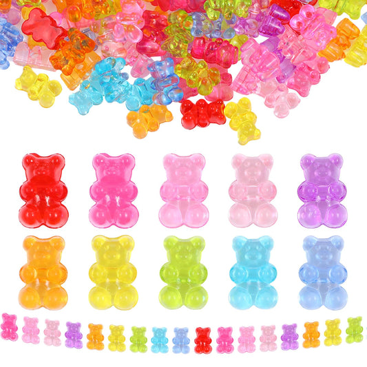 200pcs Clear Bear Beads Acrylic Gummy Mini Bear Spacer Bead Charm Mixed Colorful Cute Transparent Bear Loose Beads for DIY Bracelet Necklace Brooch Earring Clay Craft Making Deco Jewelry Kit