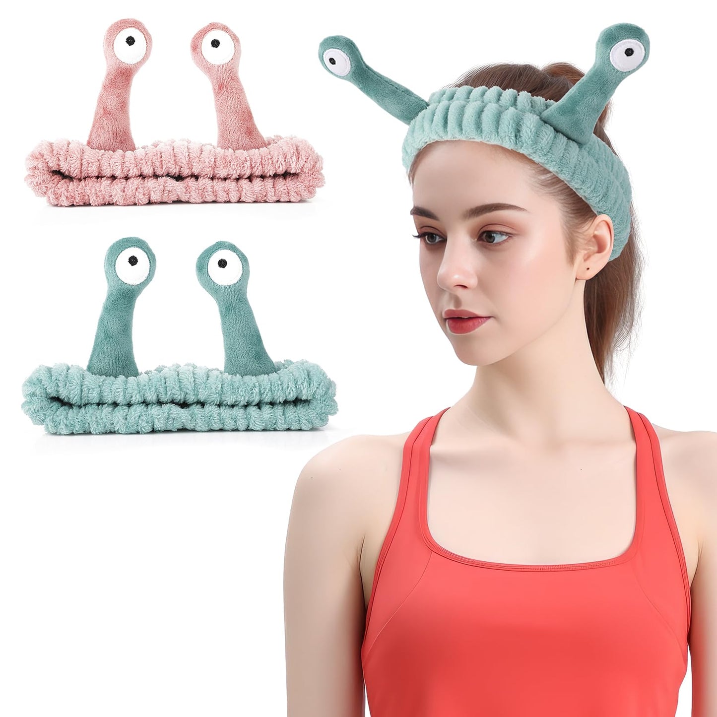 2Pcs Snail Headbands, Face Wash Headband, Snail Spa Hair Bands Skincare Makeup Headbands Soft Coral Fleece Elastic Headband Creative Cute Cartoon Hair Accessories for Women Girls(Pink)