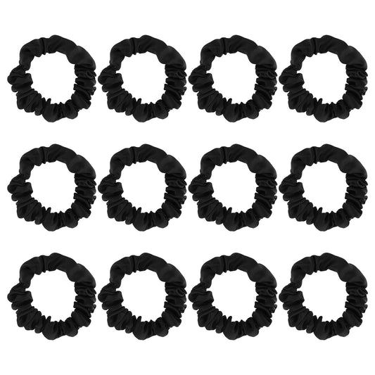 12Pcs Satin Hair Scrunchies Black Elastic Soft Hair Bands Ponytail Holder Hair Accessories Decorations Teen Girl Trendy Ropes Gifts for Sleep Girls Women Thin Thick Hair Styling Frizz Breakage Curly
