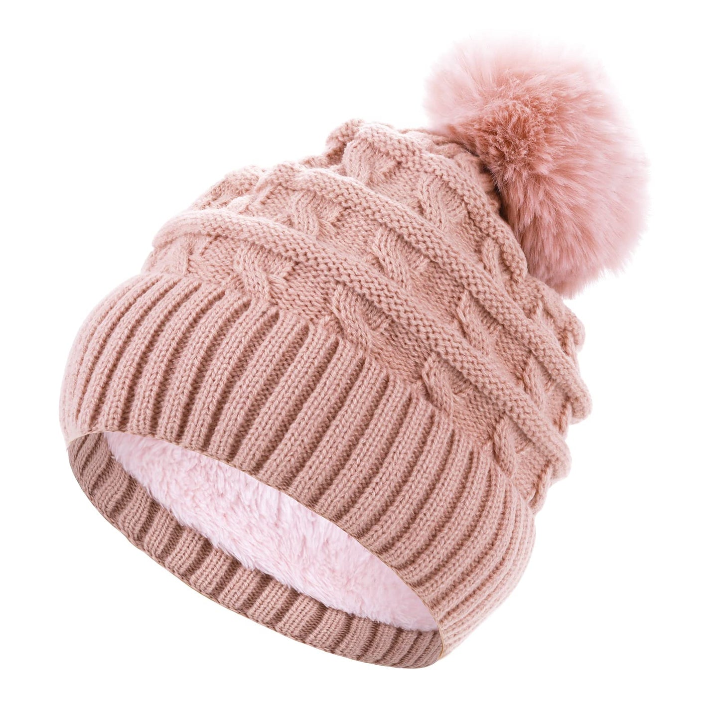 Sibba Satin Lined Winter Hats for Women Bobble Hat for Ladies Double Layer Skullies Beanies Thermal Caps Knitted Wooly Hats with Large Faux Fur Pom Pom for Girls(Pink)