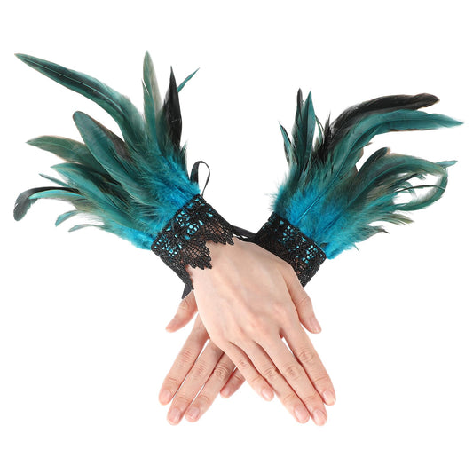 COMNICO Women's Feather Wrist Cuffs Floral Lace Wings Bracelets Black Gothic Mesh Wristband for Cosplay Halloween Costume(Blue)
