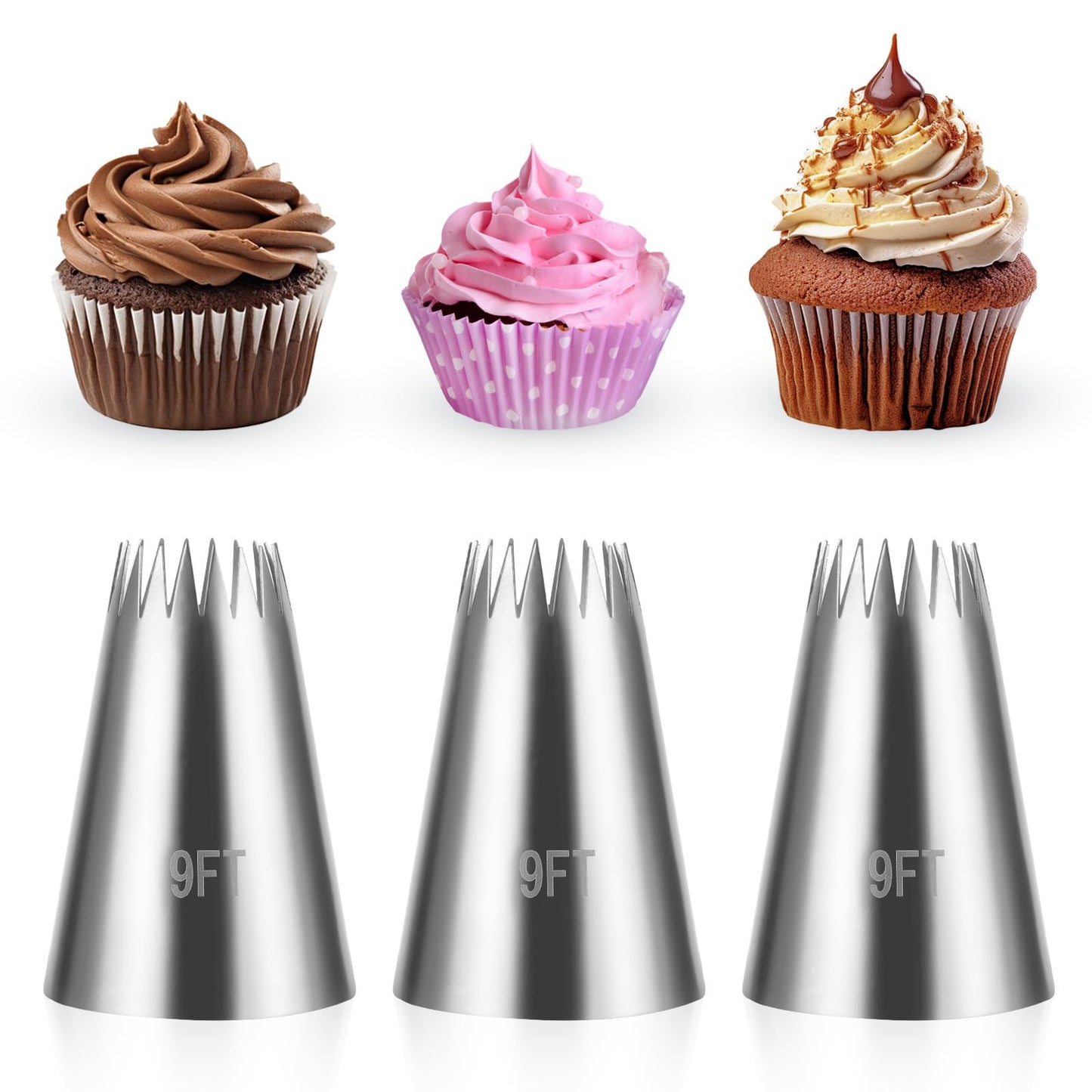 Dimeho 3 Pcs Churro Piping Tip 9FT Icing Tip Open Star Pastry Tip Stainless Steel Frosting Piping Tips Kit for Shells Border Waves Churros Cookie Baking Cake Decorating