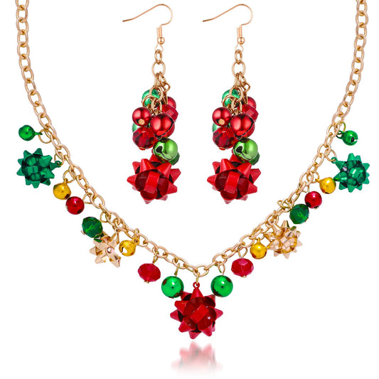 Sibba Valentine's Day Necklace Earring Sets, Jingle Bell Necklaces Earrings Bow Pendant Necklace Earring Festival Present for Women Girls (Gold)