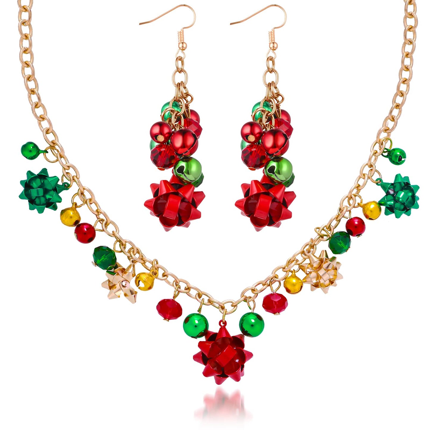 Sibba Valentine's Day Necklace Earring Sets, Jingle Bell Necklaces Earrings Bow Pendant Necklace Earring Festival Present for Women Girls (Gold)