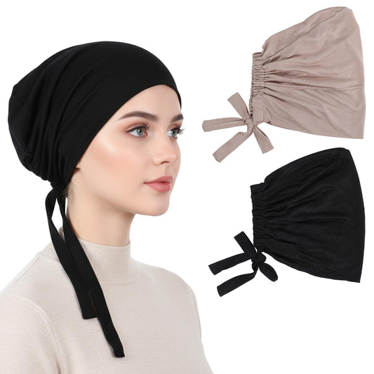 Sibba Head Coverings For Women Undercap Cap Under Caps 2 PC No Slip Caps Instant Scarf Chiffon Cotton Black Sports Covering Crown Grip Underscarf Lightweight Headbands Bun