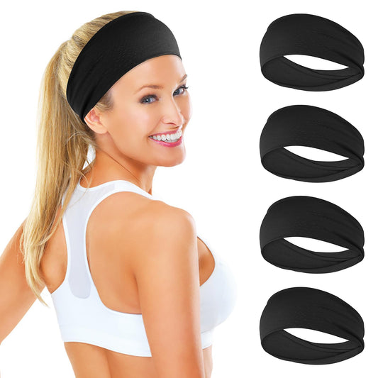 Sibba 4 Pieces Women's Headbands Elastic Non Slip Headband Yoga Exercise Sweat Wicking Bands Running Workout Hair Band Hair Accessories(Black)