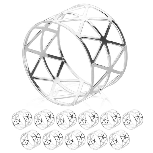 Dimeho 12 Pcs Silver Napkin Rings, Hollow Out Metal Napkin Rings Holders, Triangle Serviette Buckle Reusable Table Decoration for Christmas Thanksgiving Wedding Party Dinner Candlelit Party