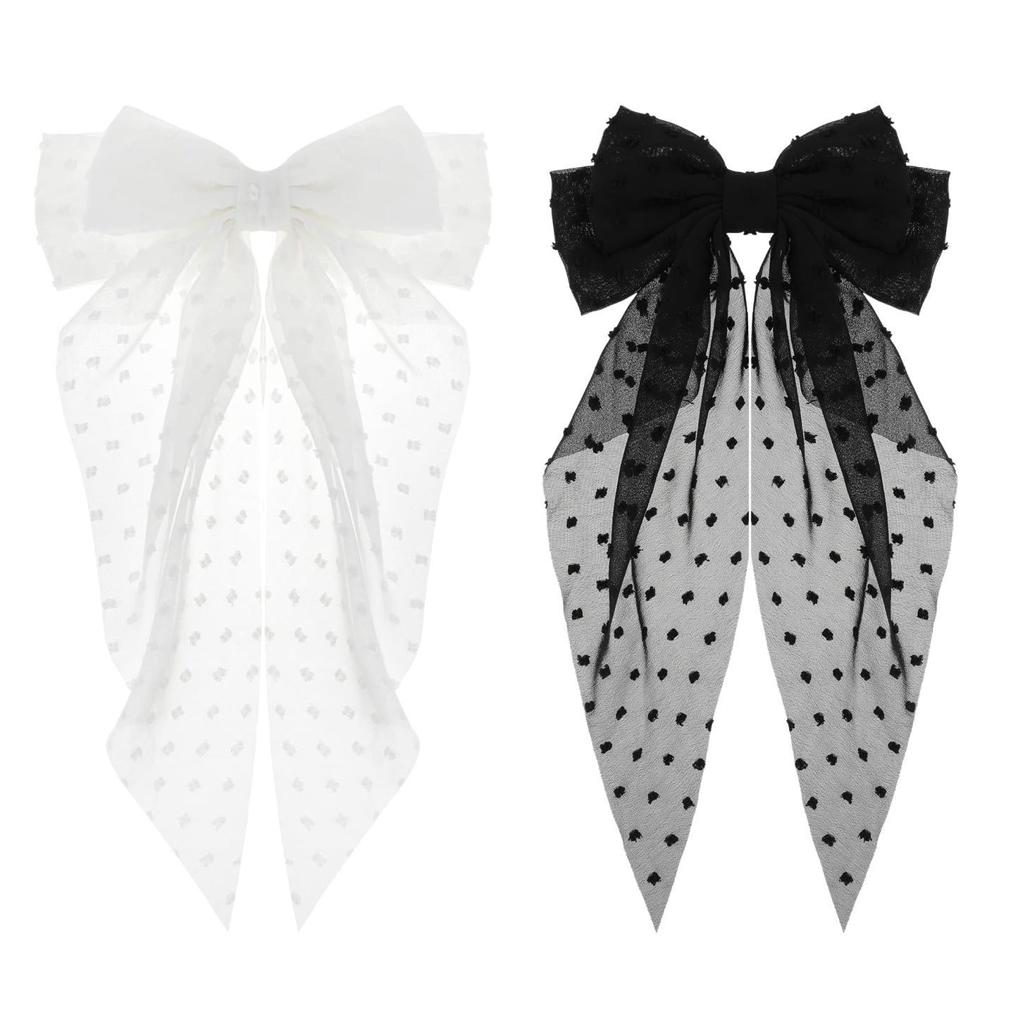 2 PCS Large Hair Bows for Women, Hair Ribbons Bow Long Tail Hair Clips Satin Bows, Oversized Cute Aesthetic Hair Accessories, Big Barrettes Clips for Women Girls Gift (Black&White)