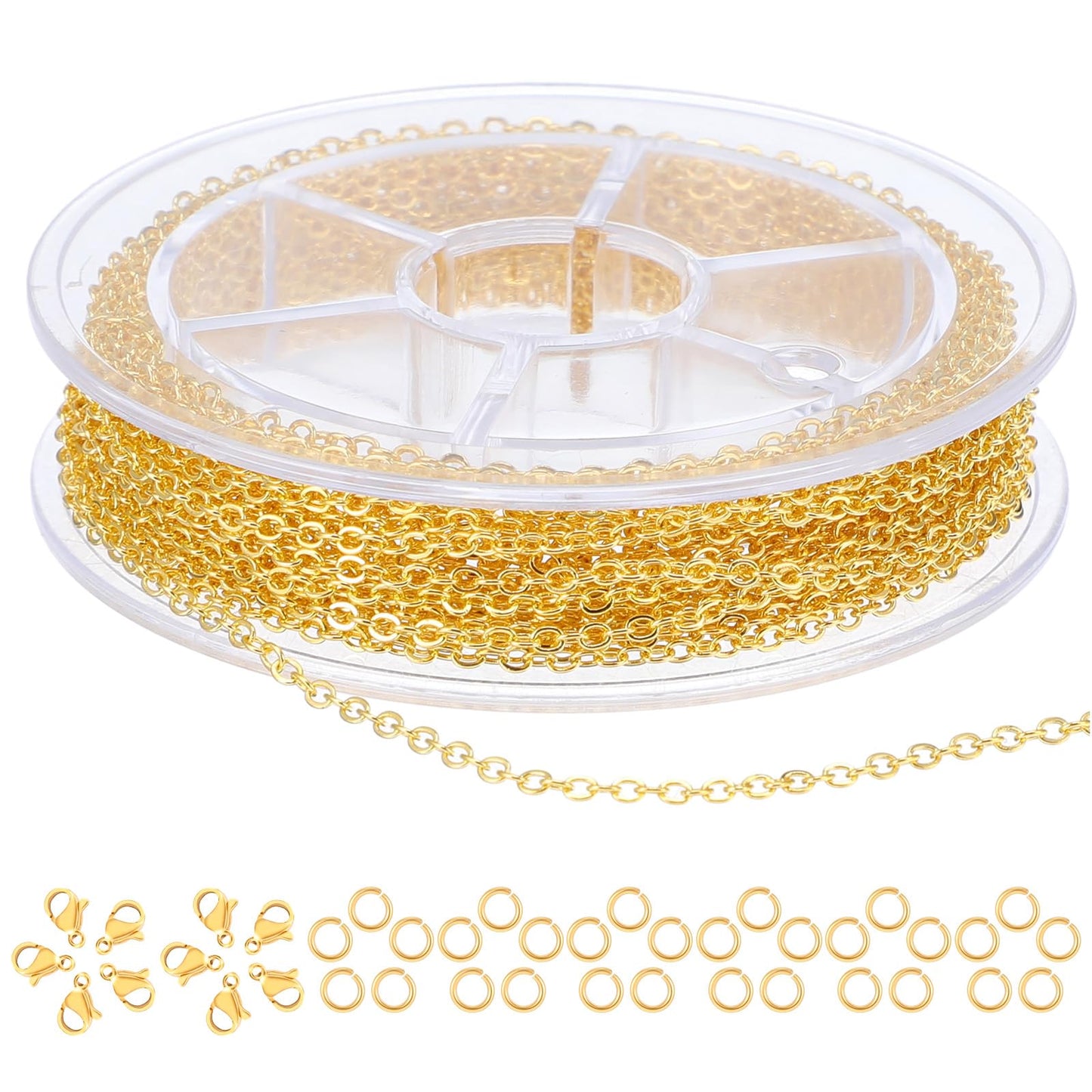 Wanmu 9.8Ft Necklace Chain for Jewelry Making, Gold Plated Stainless Steel Link Cable Roll with 10 Lobster Clasps, 30 Open Jump Rings for Men Women DIY Craft Charm Bracelet Supplies (1.5MM)