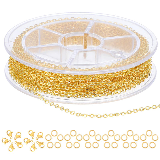 Wanmu 9.8Ft Necklace Chain for Jewelry Making, Gold Plated Stainless Steel Link Cable Roll with 10 Lobster Clasps, 30 Open Jump Rings for Men Women DIY Craft Charm Bracelet Supplies (1.5MM)