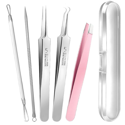 5 Pcs Blackhead Remover Tweezers Popper Extractor Clip Set Ingrown Hair Remover Tool Kit Skin Popping Removing Tools for Face Beauty Care Nose Eye Women Girls