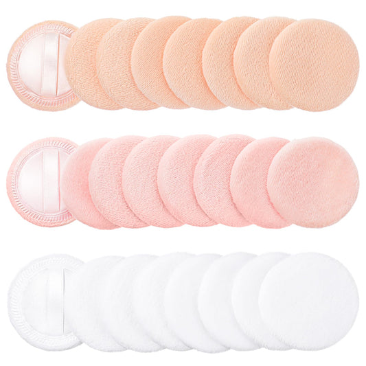 Dimeho 24 Pcs Loose Powder Puff, Cottons Makeup Puff Pads with Ribbon, Round Face Powder Puffs for Loose and Foundation 2.36 Inch Cosmetics Sponge Applicators for Make Up Concealer (White, Flesh, Pink