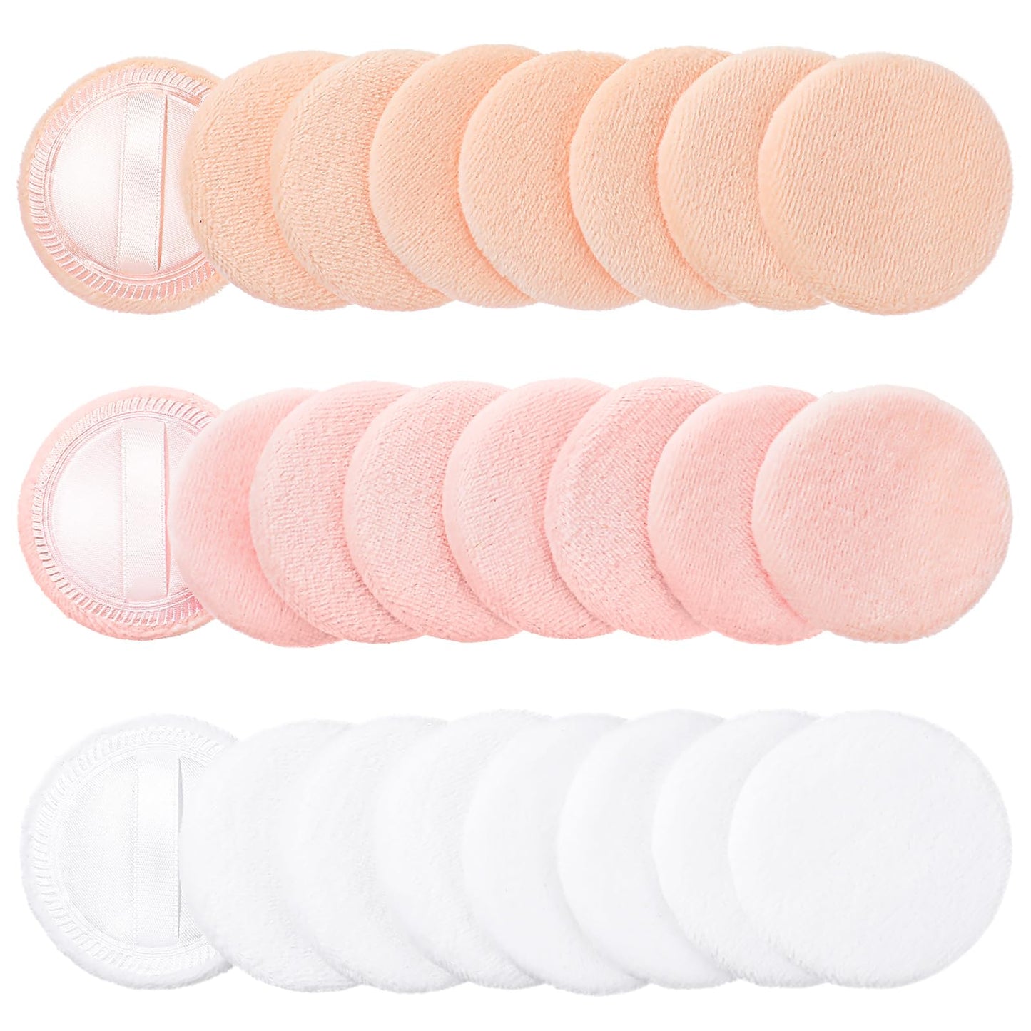Dimeho 24 Pcs Loose Powder Puff, Cottons Makeup Puff Pads with Ribbon, Round Face Powder Puffs for Loose and Foundation 2.36 Inch Cosmetics Sponge Applicators for Make Up Concealer (White, Flesh, Pink