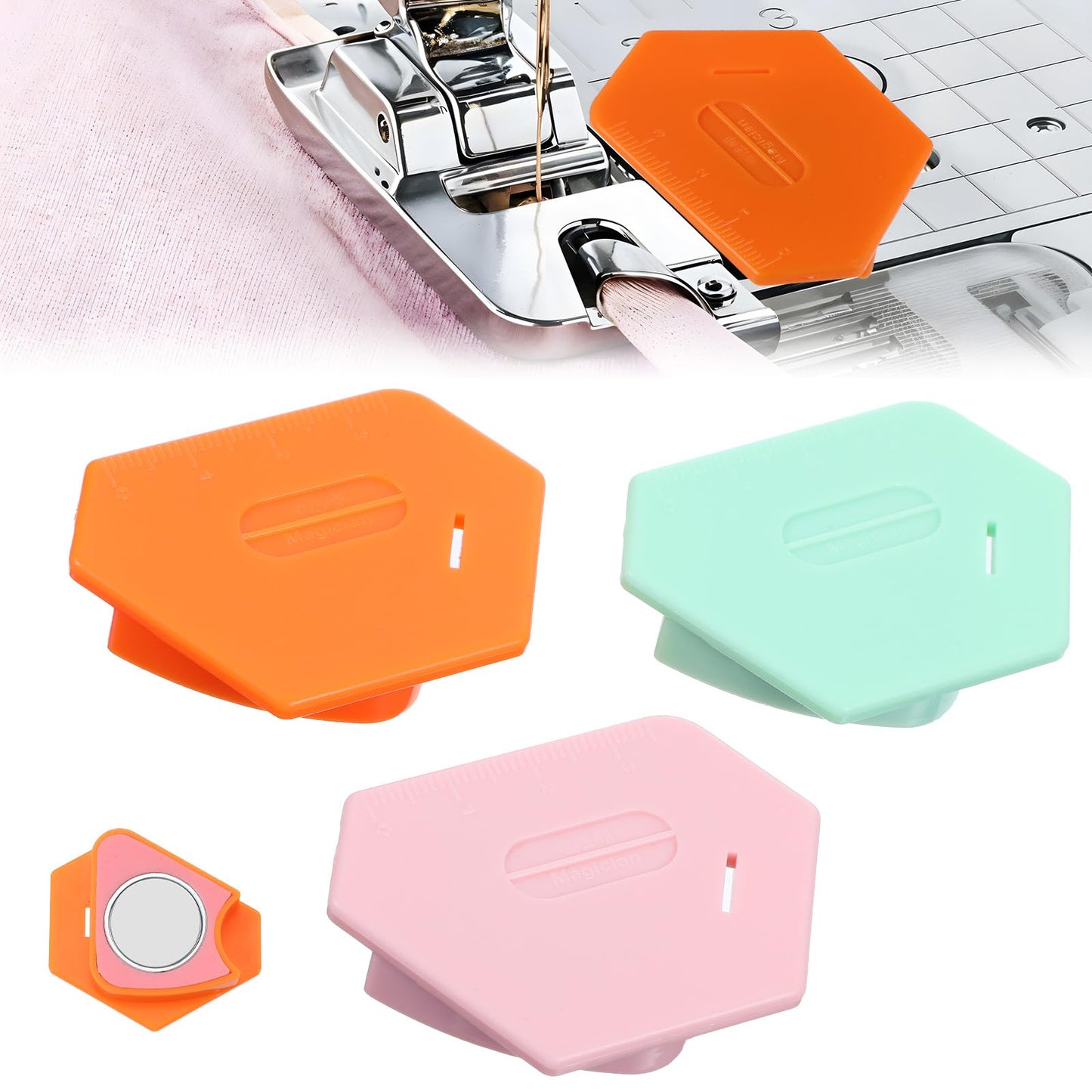 Wanmu Magnetic Seam Guide for Sewing Machine, 3 Pcs Polygonal Multifunctional Hemmer Gauge, Multi-Purpose Magnetic Seam Guide with Scale, Sewing Accessories, Sewing tools (Pink, Orange, Green)