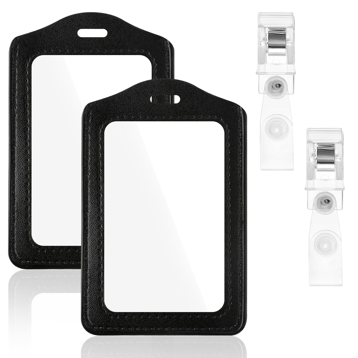 Dimeho 2 Piece ID Badge Holder Vertical PU Leather Double-Side Card Holder Black Name Badge Holder for Office, Businessmen, Employees, Students