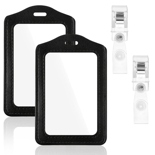 Dimeho 2 Piece ID Badge Holder Vertical PU Leather Double-Side Card Holder Black Name Badge Holder for Office, Businessmen, Employees, Students