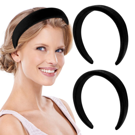 Sibba Headband Knotted Elastic Bandana Hairband Cloth Fabric 2 PCS Non Slip Wide Bands Thick Padded Head Hair Hoops Styling Headwear Retro Christmas Wedding Bridal Festival Women Turban (Black)