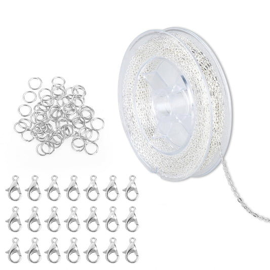 WLLHYF 39 Feet 2MM Gold Plated Cable Link Chain Rolls for Jewelry Making with Lobster Clasps and Jump Rings Extender Chains Link Necklace for DIY Craft Earring Bracelet Necklace (Silver)