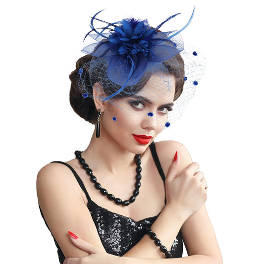 Sibba Fascinators with Veil for Women Girls, Blue Rose Mesh Feathers Feathers Headband Hat Flower, Tea Party Clip Headpiece, Fascinators Dresses Hair Accessories for Wedding Party Church Women Girls