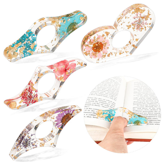 4Pcs Book Page Holders for Reading Transparent Thumb Book Page Holder Dried Flower Resin Bookmark Personalized Book Mark Set Book Accessories for Teacher Book Lovers Readers Students Bookworm Literary