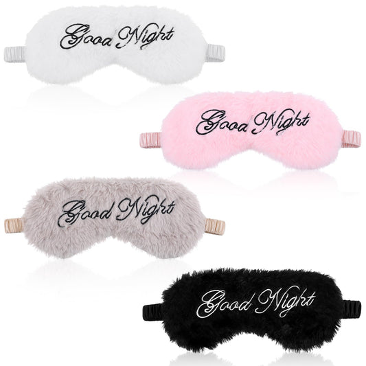 Dimeho 4 Pcs Plush Fluffy Sleep Eye Mask Soft Sleeping Blindfold Comfortable Eye Cover Furry Eyeshade with Elastic Strap Silky Back for Travel Sleepover Nap Party Supply Girl Women