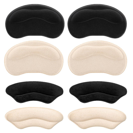 COMNICO 4 Pairs Heel Grips Liner Cushions Inserts Self-Adhesive Shoe Snugs Filler for Men Women Loose Shoe Too Big Heel Back Protectors Pads Prevent Rubbing Slipping Blisters (Black + Apricot)