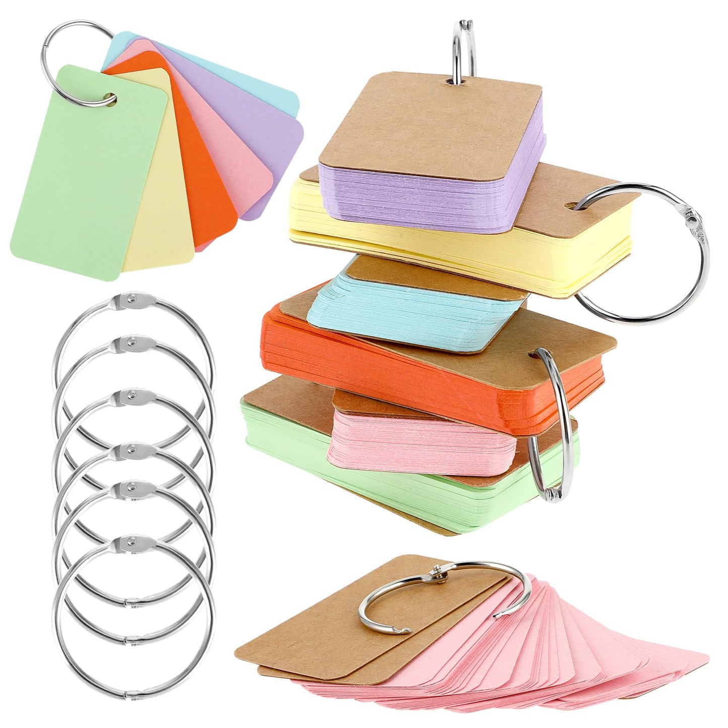 Sibba 300 Pcs Colored Index Cards with Ring, Flash Cards Study Note Card Pad Kraft Paper, Memo Scratch Pads Bookmark DIY Greeting Note Card (50 Sheets in 6 Colors per Set, 2.7×1.5 Inch)