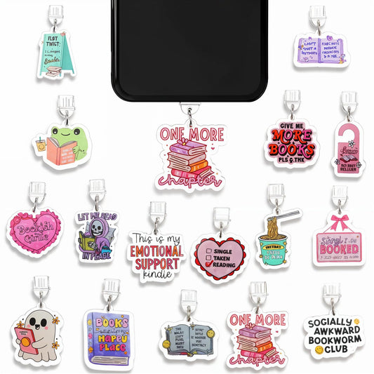 18 Pcs Bookish Charms for E-Reader, Custom Acrylic Dust Plugs for Type C Devices Compatible with Type C Charging Port, Gift for Book Lover Readers Women, Accessories for E-Reader