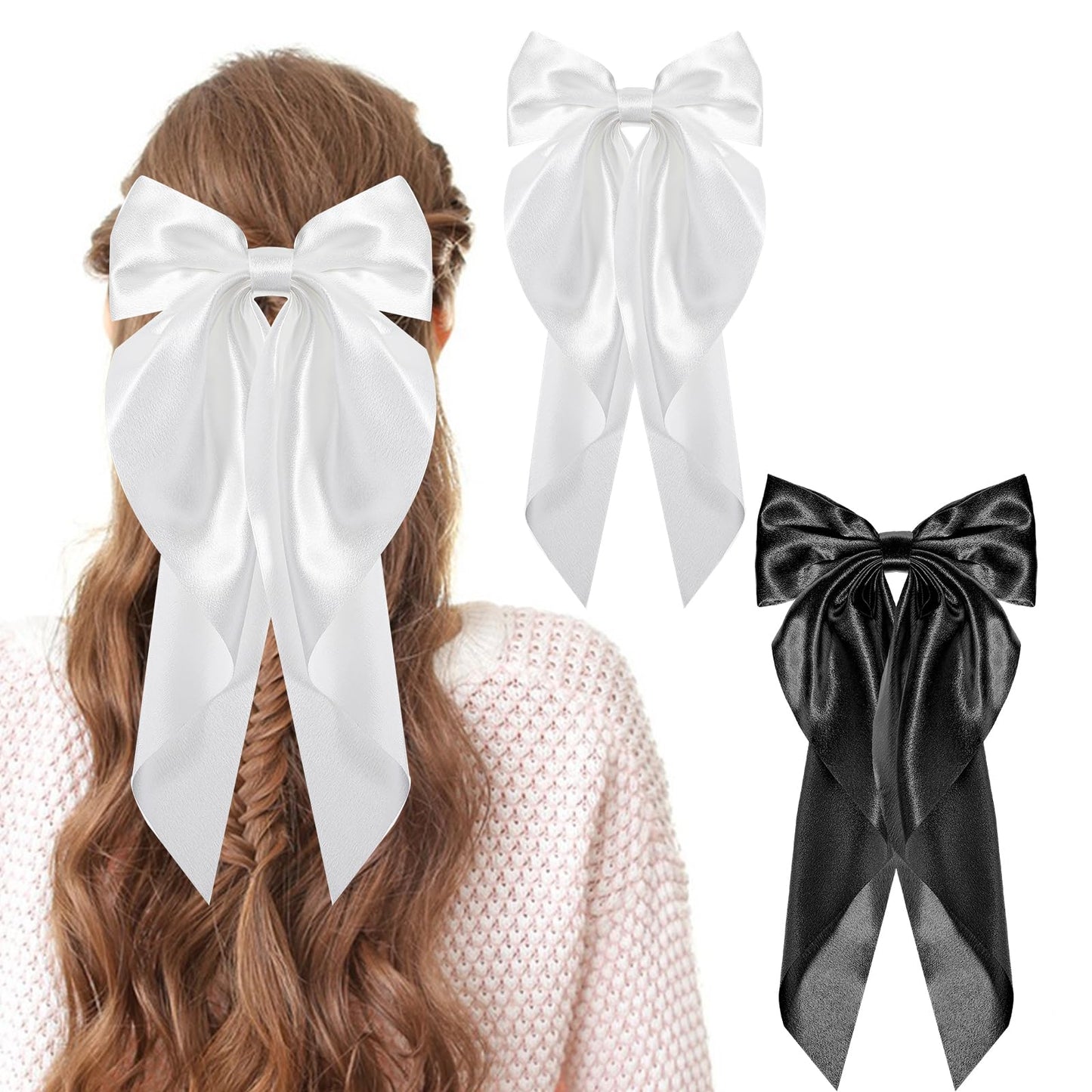 Sibba Hair Clips Bows Barrettes 2 PCS Ribbon Big Ties Long Tail Satin Hairpin Cheer Hairstyles Headwear Aesthetic Metal Bowknot Headpiece Outfit French Formal Event Wedding Party Prom (black/white)