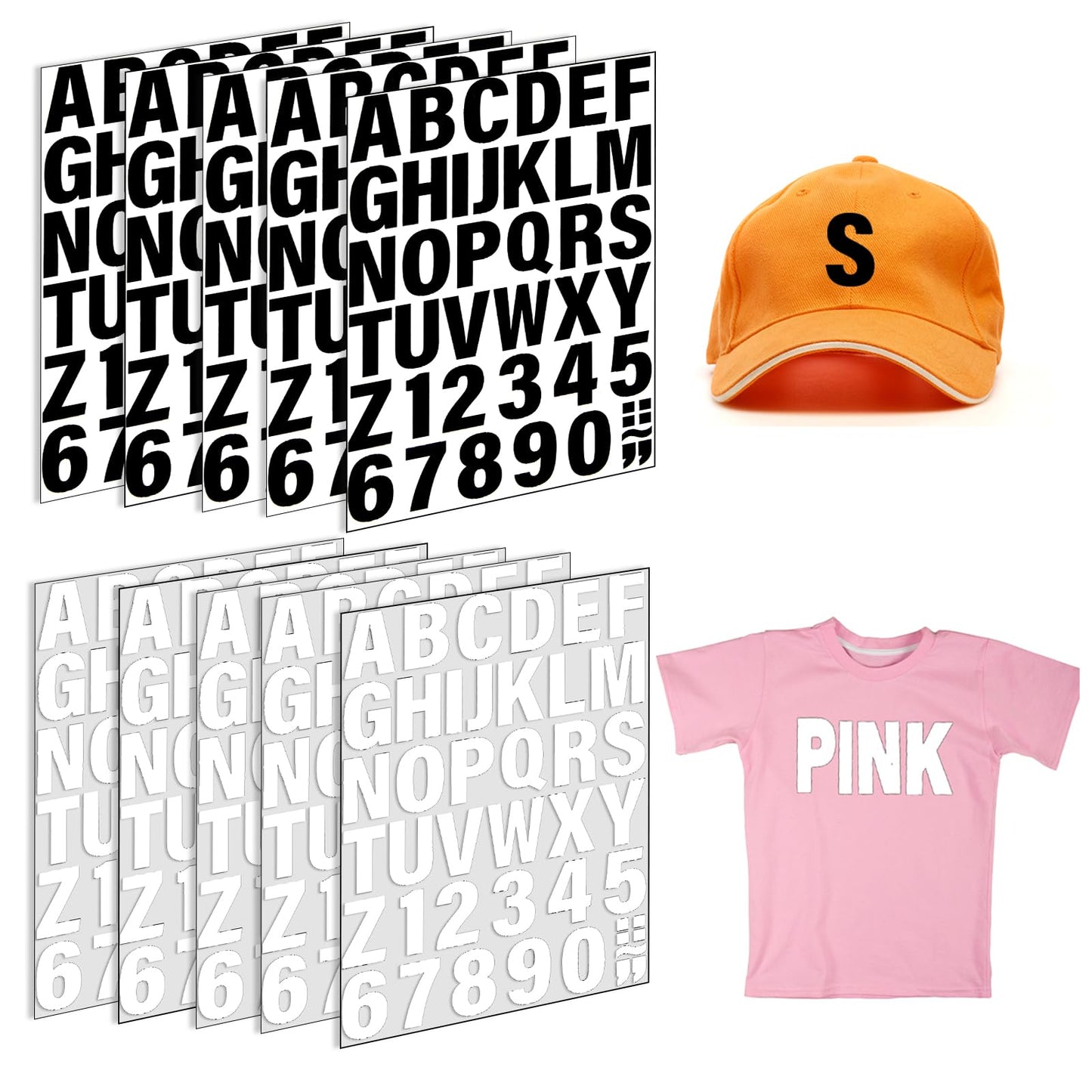 10 Sheets 530Pcs Iron on Letters and Numbers for Clothing, 2 Inch Iron on Vinyl Letters, Heat Transfer Letters with A-Z PU Alphabets Letters 0-9 Iron on Numbers Alphabet Sticker for Fabric, Clothin