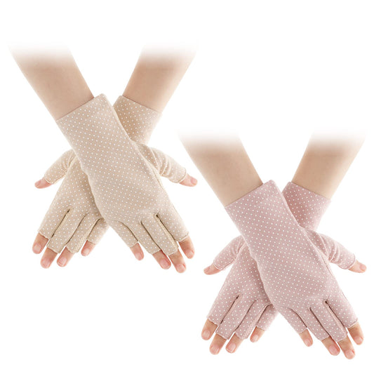 Sibba 2 Pairs Sunblock Gloves Non Slip UV Protection Fingerless Gloves Summer Outdoor Gloves for Driving Riding Fishing(Polka Dots)
