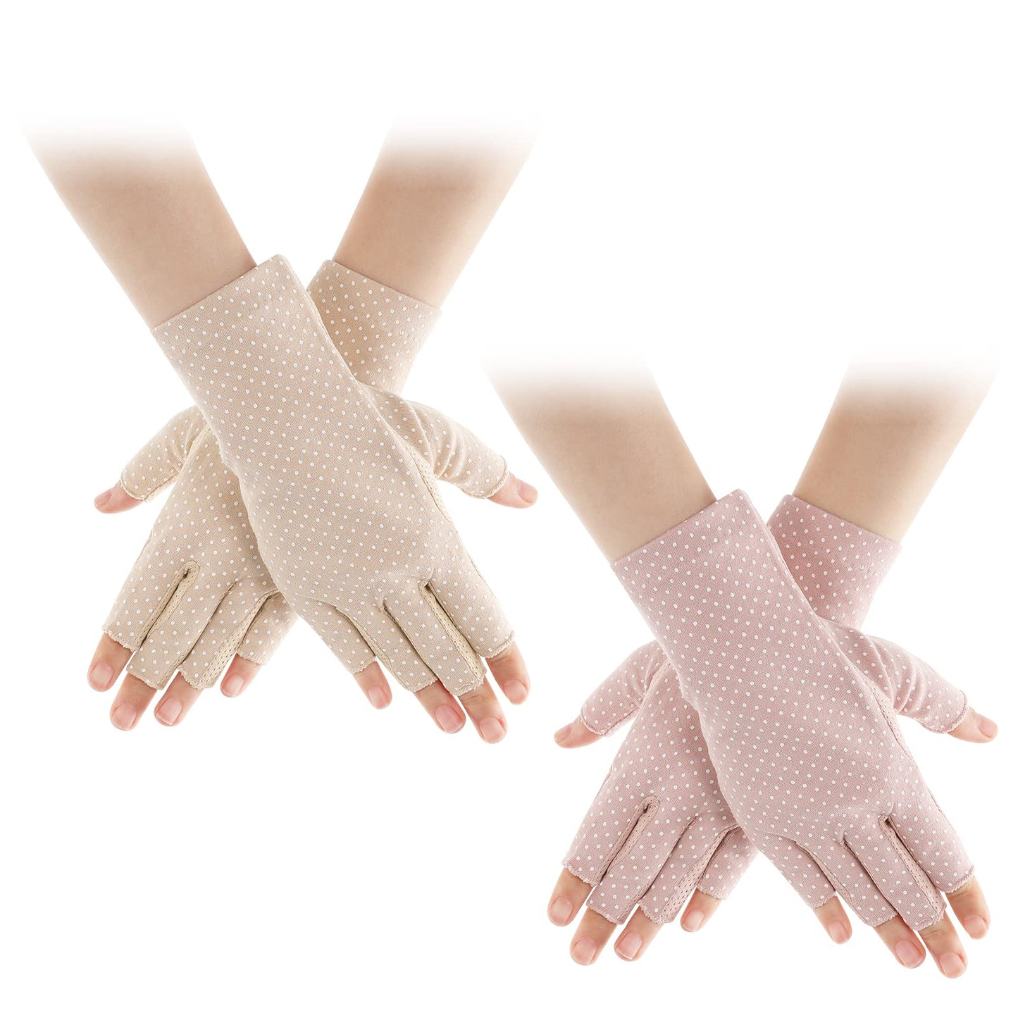 Sibba 2 Pairs Sunblock Gloves Non Slip UV Protection Fingerless Gloves Summer Outdoor Gloves for Driving Riding Fishing(Polka Dots)
