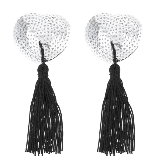 WLLHYF 1 Pair Women Reusable Breast Pasties, Heart-Shaped Breast Bra with Sequins Tassel Adhesive Nipple Cover Stickers Valentine's Day(silver)