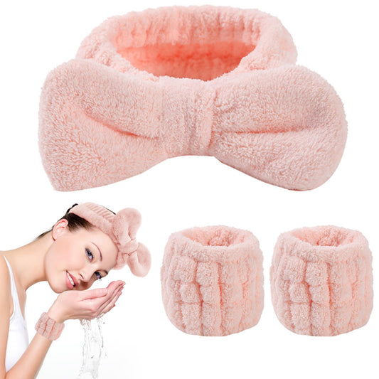 WLLHYF 3 Pcs Spa Headband Wrist Washband Set Soft Elastic Spa Facial Makeup Headbands Washing Face Towel Wristbands Prevent Water Spilling Down Arms Spa Headband for Women Girls Shower(Pink)