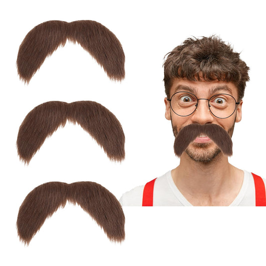 Dimeho 3 Pcs Fake Moustache Self Adhesive DIY Fake Beard Material Novelty Fake Moustaches Facial Hair for Cosplay Costume Accessory and Halloween Festival Party Accessories Adults (Brown Color)