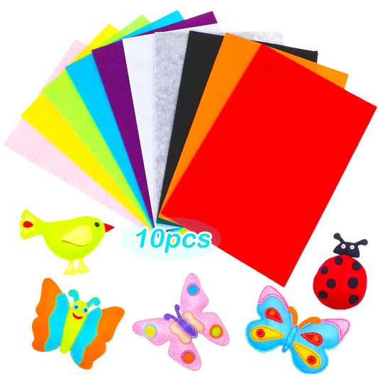 Dimeho 10 Pack Felt Sheets for Crafts Pre-Cut Non-Woven Cloth Squares 1mm Assorted Colors Stiff Felt Fabric Papers for DIY Craft Projects Handmade Sewing Patchwork Embroidering Decoration