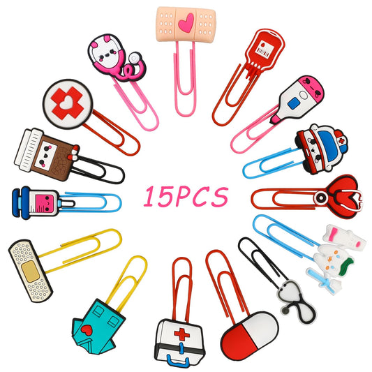 Dimeho 15 Pcs Cute Paper Clip Bookmarks Cartoon Book Marks for Pagination Organize Folder Colorful Reading Marker Clip Gift for Nursing Student Stationery Nurse School Office Essentials