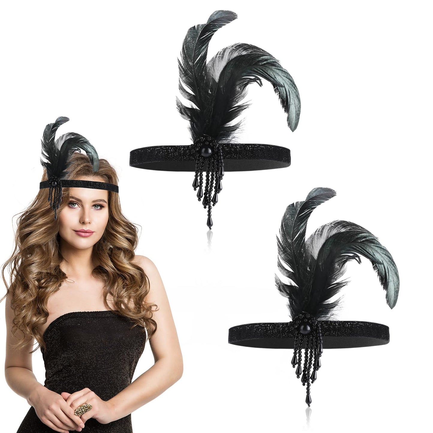 COMNICO 1920s Flapper Headband, 2 Pcs Feather Headband 1920s Fashion Bling Rhinestone Hair Accessories Head Wear for Women 20s Hair Costume Accessory Gatsby Themes Costume Prom Party Decoration