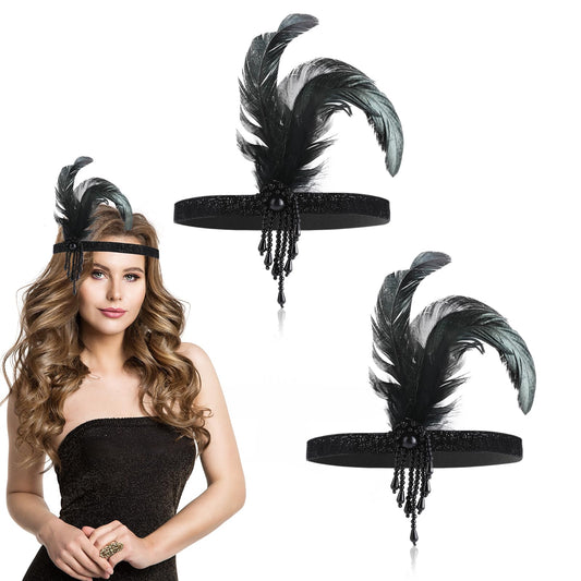 COMNICO 1920s Flapper Headband, 2 Pcs Feather Headband 1920s Fashion Bling Rhinestone Hair Accessories Head Wear for Women 20s Hair Costume Accessory Gatsby Themes Costume Prom Party Decoration